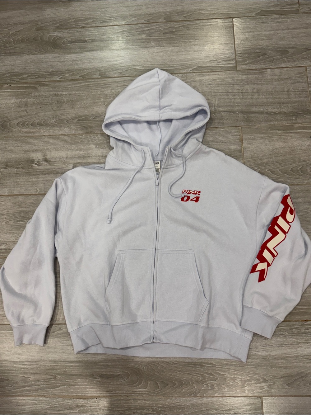 PINK Light blue Zip-Up Hoodie with Red Sleeve Print size L